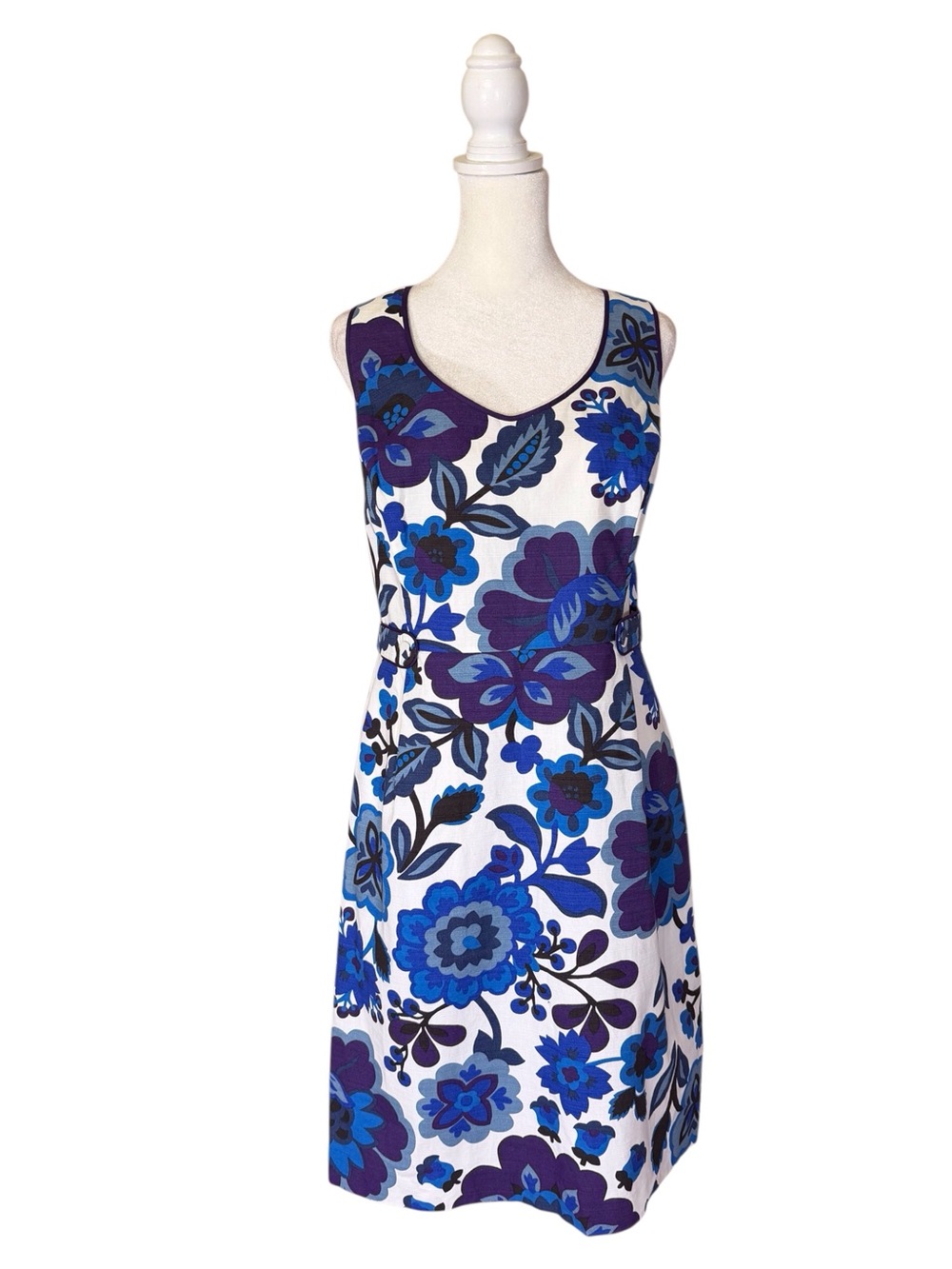 Boden sleeveless white blue & purple retro-inspired floral dress women’s size 12